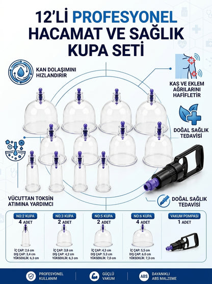 12'li Profesyonel Vakumlu Hacamat Kupa Seti - Doğal Terapi ve Ağrı Hafifletici Masaj Aleti